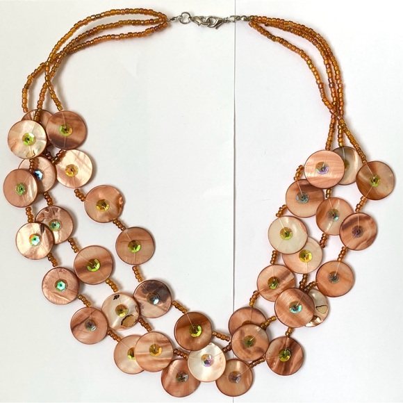 pink tan pearly disc beads 3 strand necklace with iridescent sequins boho chic - Picture 3 of 17